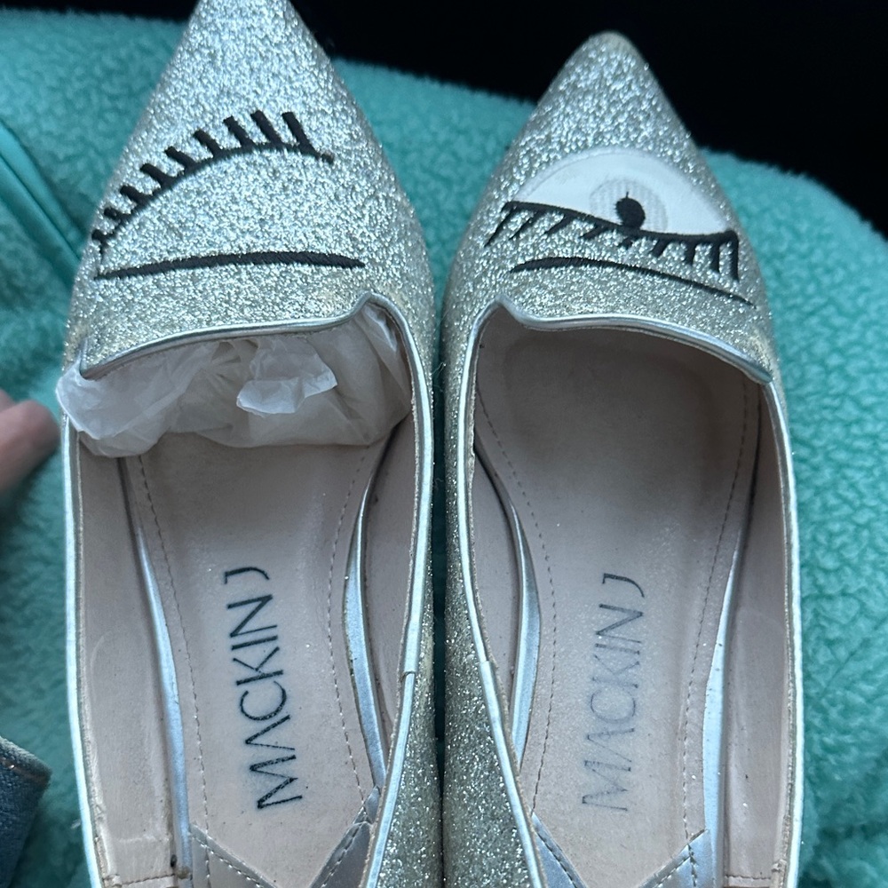 Gold Glitter Pointed Toe Flats with Eye Detail